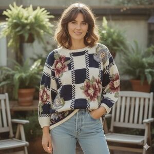 Vintage Cullinane Patchwork Floral Sweater 90s‎ Cottage Granny Hand Knit 3D M